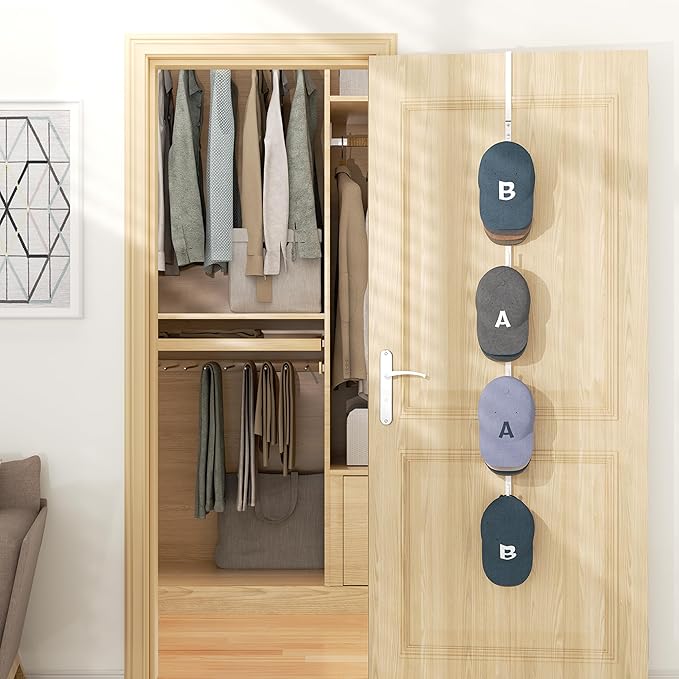 HapiRm Over Door Hat Rack - Hat Organizer with 4 Hooks Design, Hanging Baseball Cap Organizer Storage Holds Up to 20 Caps for