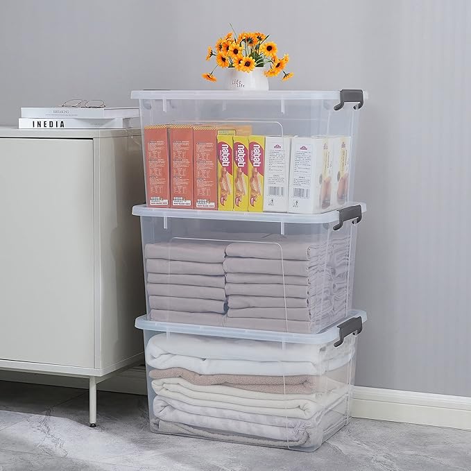 Citylife 44.4 QT Plastic Storage Bins with Latching Lids Stackable Storage Containers for Organizing Large Clear Storage Box 