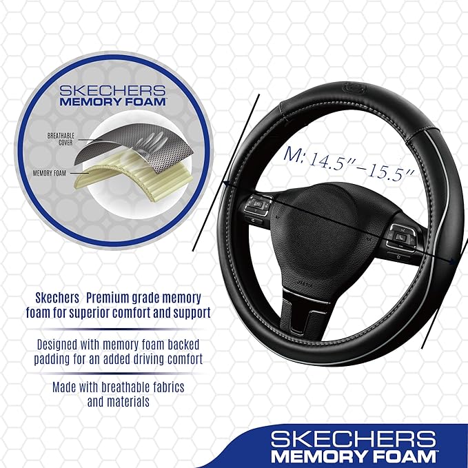 Skechers Memory Foam Steering Wheel Cover,Piping Microfiber Leather Steering Wheel Cover Sporty Universal Fit 14" 1/2-15" Car
