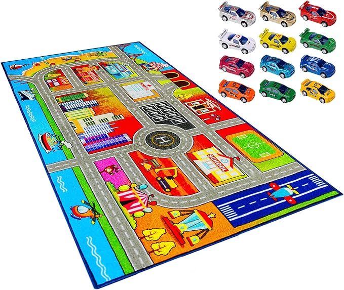 Booooom Jackson Kids Carpet Playmat with 12 Toy Cars for Age 3+ Colorful Non Slip City Rug for Kids Track Play Mat Playroom B