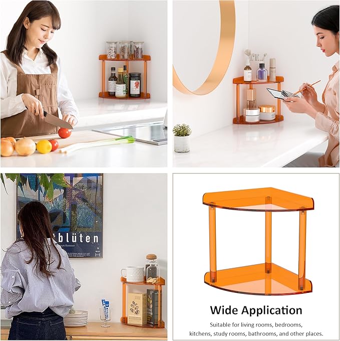 Sezanrpt 2 Tier Countertop Corner Organizer Shelf 7x7x8 Inch, Orange Acrylic Bathroom Corner Shelf for Countertop, Vanity Sto