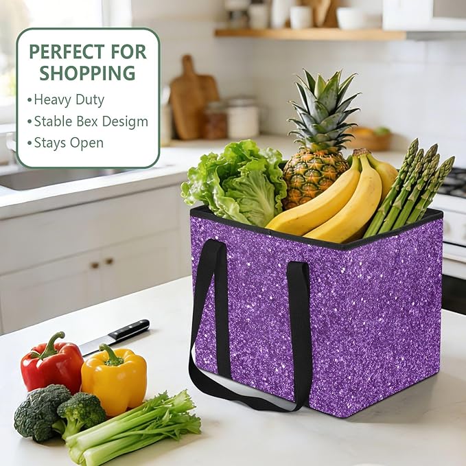 Purple Glitter Texture Reusable Grocery Bags Large Shopping Tote Bag with Reinforced Bottom Board, Water Resistant Foldable S