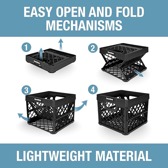 CleverMade Collapsible Milk Crate 25L (6.6 Gal) 3 Pack, 50 lb Capacity Heavy Duty Folding Crate – Stackable Storage Crates wi