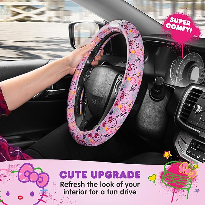 Hello Kitty Steering Wheel Cover, Official Sanrio Car Steering Wheel Cover with Universal Size 14.5-15.5, Cute Steering Wheel Cover for Women, Hello Kitty Car Accessories (Lavender Print)