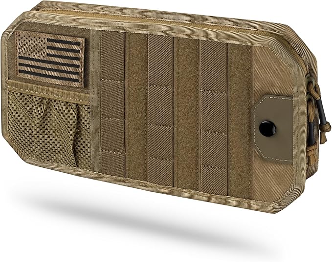 LIVANS Tactical Car Sun Visor Organizer, Automotive Semi-Rigid MOLLE Panel with Zipper Storage Pouch & Glasses Clip, Universal Fit for Trucks, SUVs, Jeeps & Patrol Vehicles (Khaki)