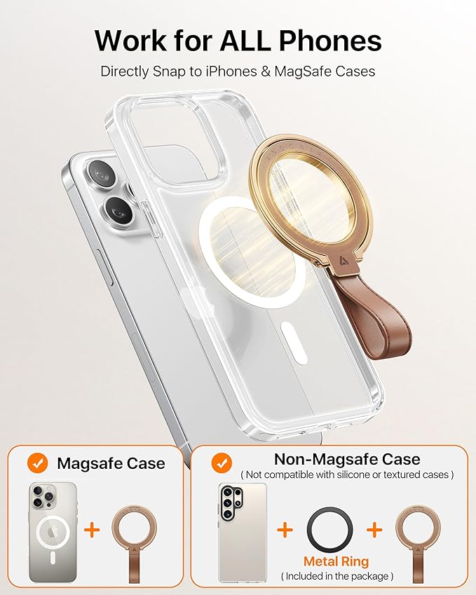 andobil [2026 Premium Leather] Magnetic Phone Grip for MagSafe [Longest Durable] Adjustable Phone Ring Kickstand with Leather Loop Compatible with MagSafe Accessories&iPhone 17 Air 16 15 14 13 Pro Max