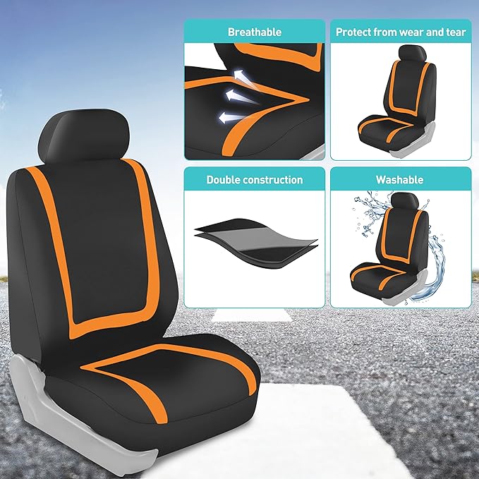 FH Group Unique Flat Cloth Full Set Car Seat Covers w. Silicone Steering Wheel Cover- Universal Fit for Most Cars, Trucks, SUVs or Vans (Orange/Black)