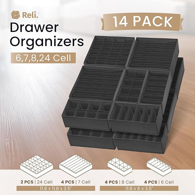 Reli. Sock Organizer (14 Pack) | 132 Cell Underwear Organizer | Drawer Dividers for Underwear, Sock, Tie, Bras, Clothing, Bab