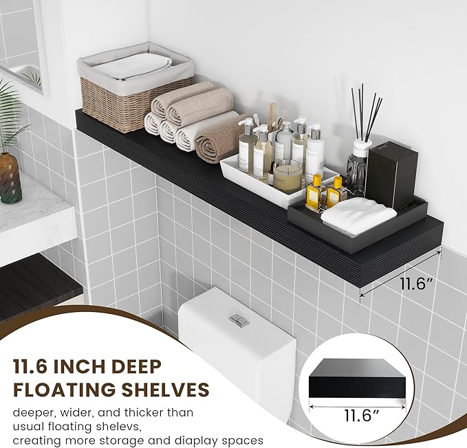 48 Inch Black Floating Shelf | 12 Inch Deep Floating Shelves Set of 1 | 48" D x 12" D Rustic Wood Shelves for Wall | Deep Bla