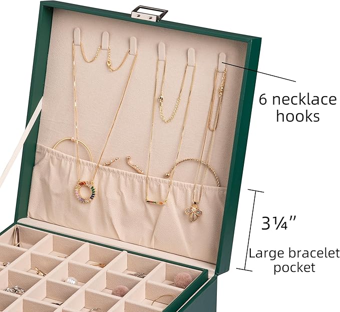 Frebeauty Earring Organizer Classic Jewelry Box 50 Slots Double Layer Jewelry Storage Case with 6 Necklace Hook and Bracelet 