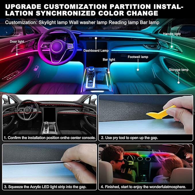 Dreamcolor Acrylic Interior Car LED Strip Light with Wireless APP, RGB 14 in 1 with 175 inches 612 LEDs Fiber Optic Strip Lights for Car, Dual Zone Symphony Neon Car Ambient Lighting
