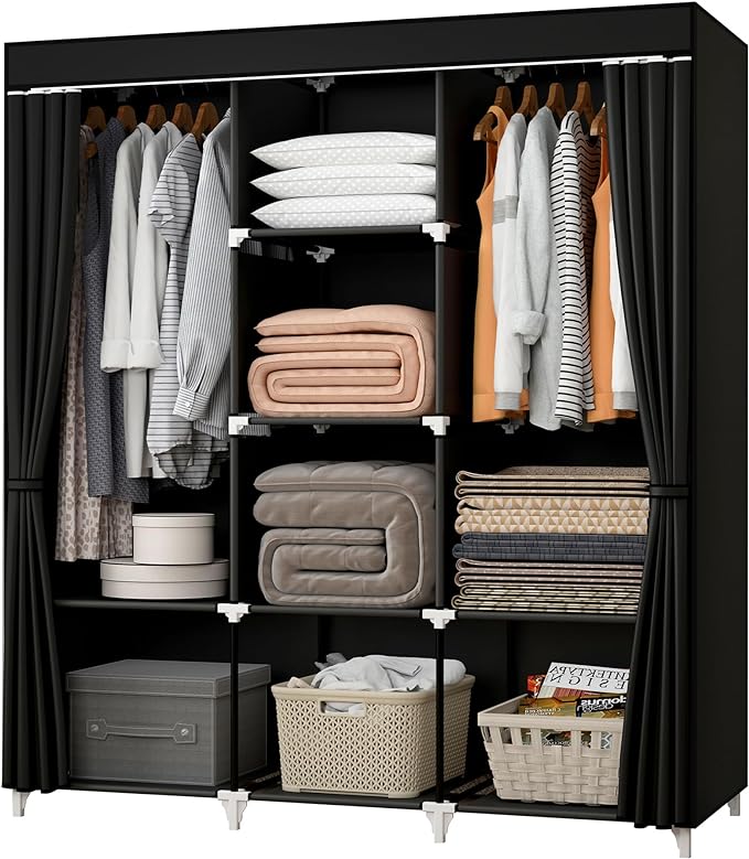 Portable Closet, 51 Inch Wardrobe Closet for Hanging Clothes with 2 Hanging Rods, 8 Storage Organizer Shelves for Bedroom, Du