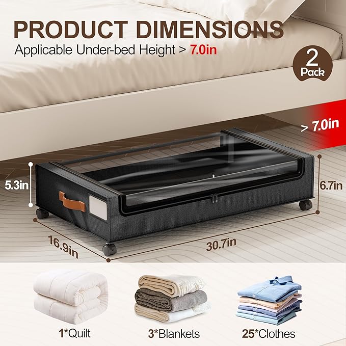 LAMU Under Bed Storage with Wheels, 2 Pack Under Bed Storage Containers with Clear Lid, XXL 60L Underbed Storage Bins, Rollin