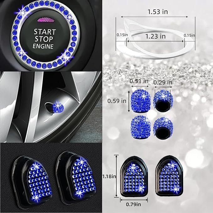 NBTEPEM 30 Pcs Blue Bling Car Accessories Set for Women, Blue Steering Wheel Cover Set, Bling Console Cover, Seat Belt Cushion, Shift Knob Cushion, Cup Coaster, Rhinestone Car Hanging Accessories