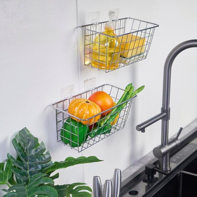 JUNCHU CHERRY 2 Pack Hanging Storage Basket, Bathroom Basket, Household Goods, with Traceless Tape, no Drilling, for Cabinet 