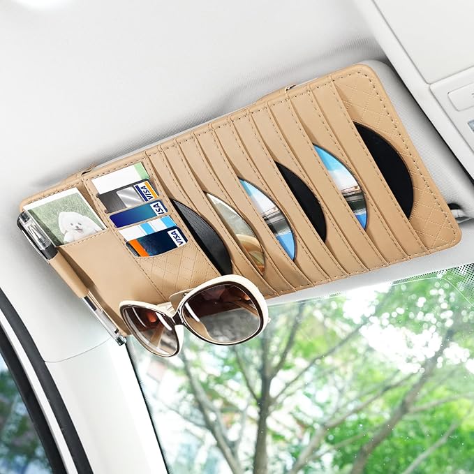 alpmosn Sun Visor CD Case Holder for Car - Multi-Function Visor Organizer with CD/DVD Storage, Eyeglass Clip, Card Slots & Pen Holder, Durable Leather Car Accessories (Beige)