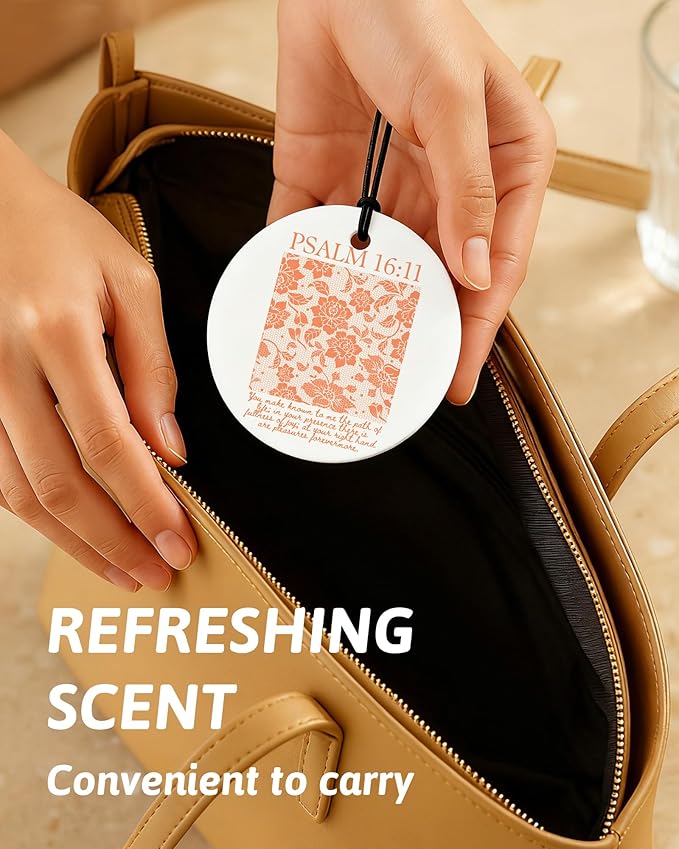 Orange Christian Round Car Air Freshener 4 Pcs, Girly Orange Bow Floral Religious Hanging Air Freshener for Cars Closet Drawe