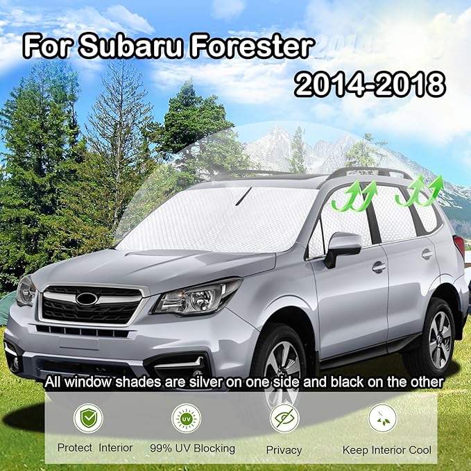 KMF 8pcs Full Window Sun Shades Custom Fit for Subaru Forester Accessories 2014-2018, Privacy Car Window Covers for Windshield Side Rear, UV Block and Blackout for Camping Outdoor