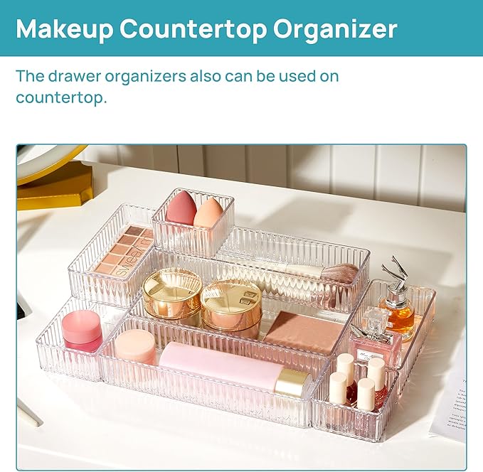 Vtopmart 7 PCS Clear Drawer Organizers Bins, 4-Size Stackable Makeup and Vanity Drawer Organizer Trays, Acrylic Bathroom Draw
