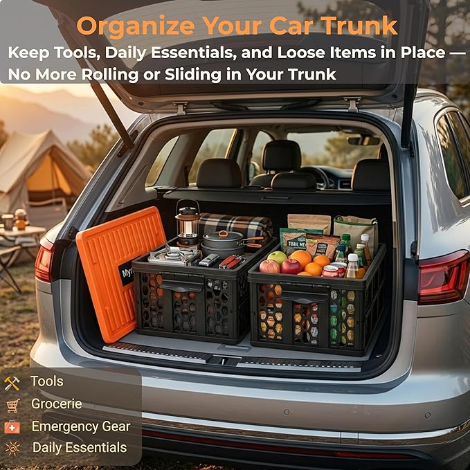 Mymazn Trunk Organizer Plastic for Car, Crate Storage Collapsible Car Organizer for SUV, Groceries, Camping | with Lid,