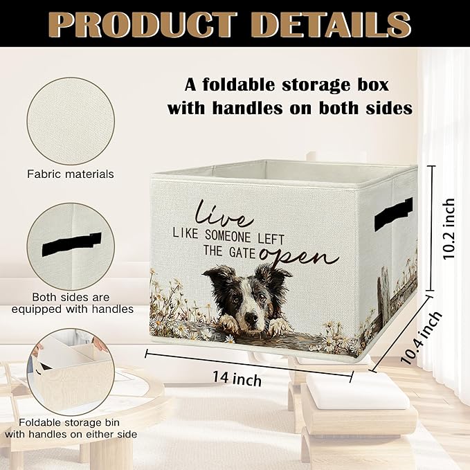Border Collie Gifts Storage Bins with Handles, Rustic Farmhouse Dog Foldable Basket for Organizing, Live Like Someone Left th