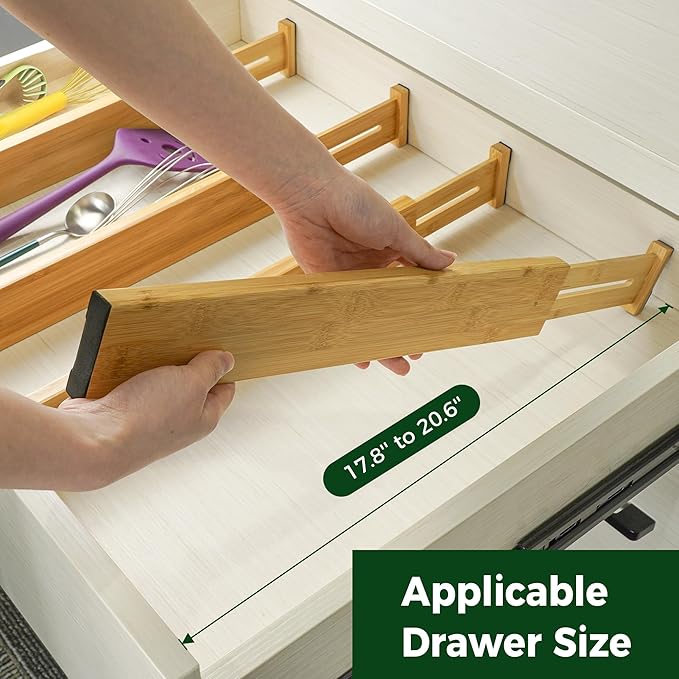 Utoplike 4 pcs Bamboo Kitchen Drawer Dividers Large, Adjustable Drawer Organizers, Spring Loaded, Works in Kitchen, Dresser, 