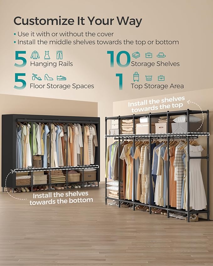 SONGMICS Wardrobe Closet, 83.5 Inch Large Capacity Portable Closet, Clothing Rack, 25 mm Dia,Thick Steel Tubes, Clothes Organ