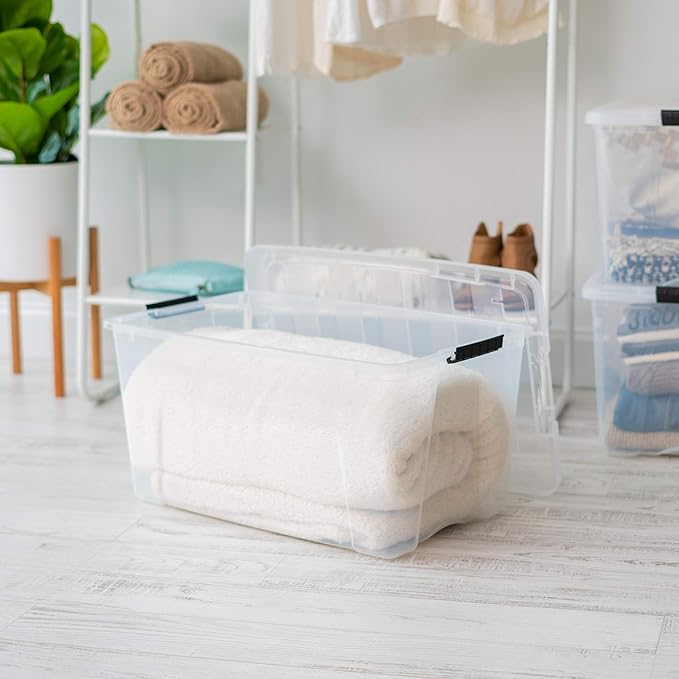 IRIS USA 72 QT Plastic Storage Box with Lid and Latches - 4 Pack - BPA-Free, See-Through Organizing Solution, Durable Nestabl