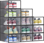 SONGMICS Shoe Boxes, Shoe Storage Organizers Rack for Closet, Plastic Stackable Sneaker Containers Case, 12 Pack, Transparent