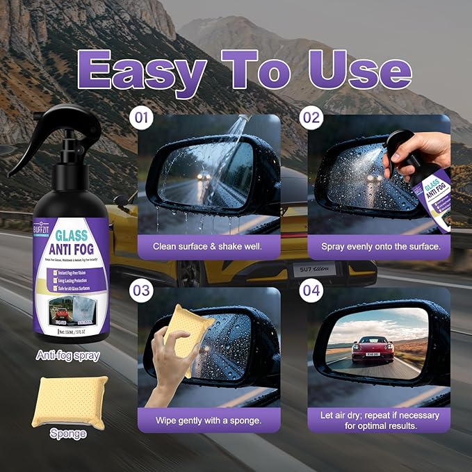Glass Anti Fog Spray for Car Windshield, Interior Glass, Mirrors & Windows – Long-Lasting Defogger Prevents Fogging for Clear