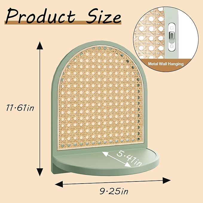 Rattan Shelf Set of 2, 7'' Rattan Shelf with Wicker Decor, Boho Wall Decor Small Floating Shelf for Plant Figurines Display, 