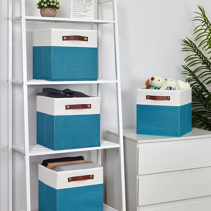 Temary Storage Cube Bins 11 Cube Storage Bins Storage Baskets for Closet, Shelves 4 Pack Fabric Organizer Bins with Leather H