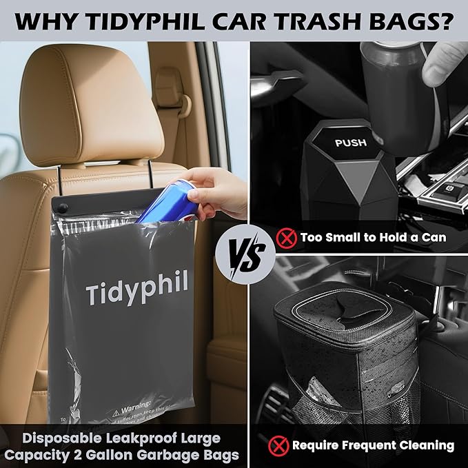 50 PCS Disposable Car Trash Bags Hanging, Leak-proof, Odor Seal. 2 Gallon Car Garbage Bags, Big Capacity. Independent of Car Trash Can, Easy Stick-On Car trash Bin for Car, SUV, Truck, Stroller. Gray