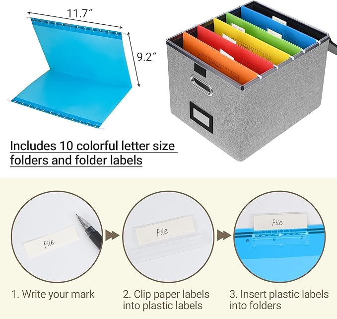 2Pack File Storage Organizer with 10 Hanging Folders & Plastic Slide, Collapsible Linen File Box with Lid for Office, Home, M
