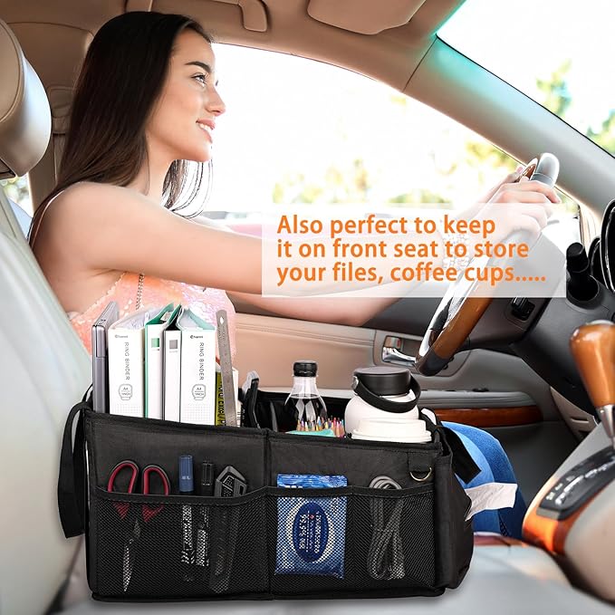 HEYSKAY Car Seat Organizer-Passenger Seat Organizer, Collapsible Small Car Seat Organizer for Console Front/Back, Car Caddy with 4pc Drink Holders Automotive Backseat Organizer for Kids