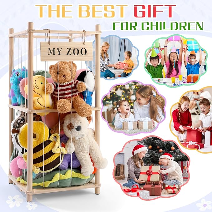 GLDZI Stuffed Animal Storage Zoo, Wooden Stuffed Animal Organizer with Elastic Cords for Boys Girls, Space Saving Toy Plushie