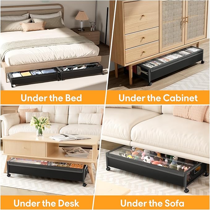 Under Bed Storage with Wheels，4 Pack Under Bed Storage Containers,Underbed Shoe Storage Bedroom Large Capacity Under Bed Stor