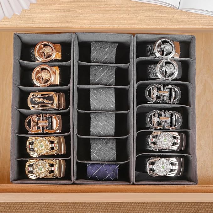 3 Packs Fabric Belt Organizer, 6 Grids Belt Organizer for Closet and Drawer, Foldable Dresser Drawer Organizers, Tie Storage 