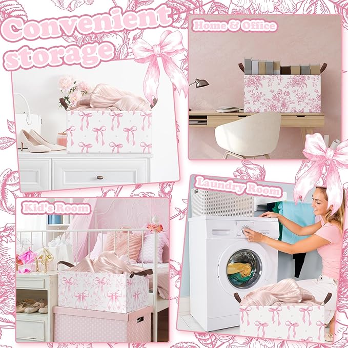 Boao 3 Pcs Pink Bow Storage Bin Coquette Collapsible Large Storage Baskets for Gifts Empty Candy Holiday Decor Canvas Laundry