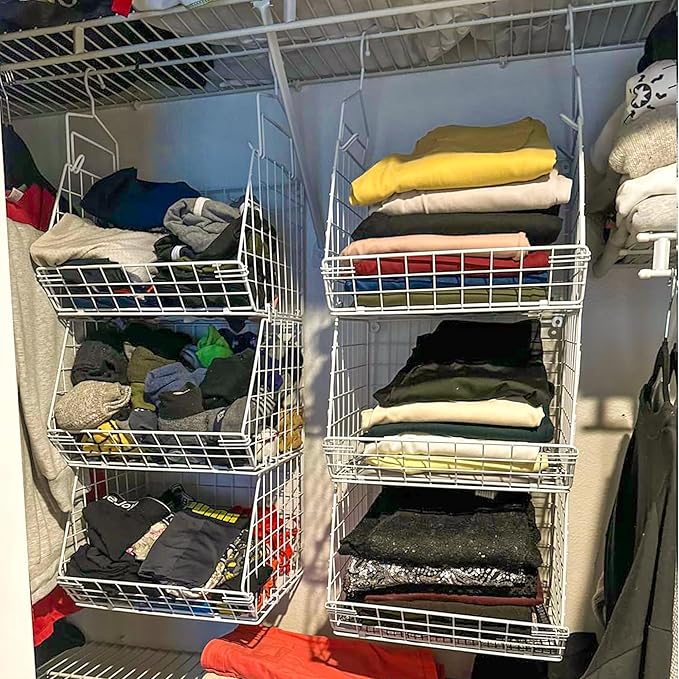 X-cosrack 3 Tier Foldable Closet Organizer, Clothes Shelves with 5 S Hooks, Wall Mount&Cabinet Wire Storage Basket Bins, for 