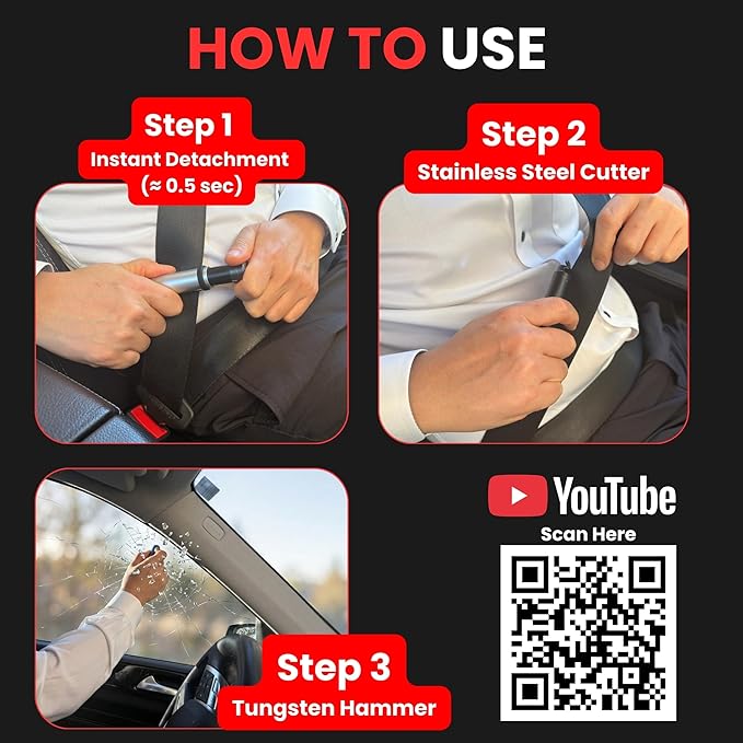 Car Emergency Escape Tool – Seatbelt-Mounted 2-in-1 Window Breaker & Seat Belt Cutter – Tungsten Safety Hammer – Universal Fi