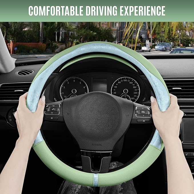 PIC AUTO Steering Wheel Cover, Light Blue Patterned & Green Leather Patchwork Design, Universal Fit 14.5"–15.5", Anti-Slip, O