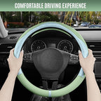 PIC AUTO Steering Wheel Cover, Light Blue Patterned & Green Leather Patchwork Design, Universal Fit 14.5"–15.5", Anti-Slip, O