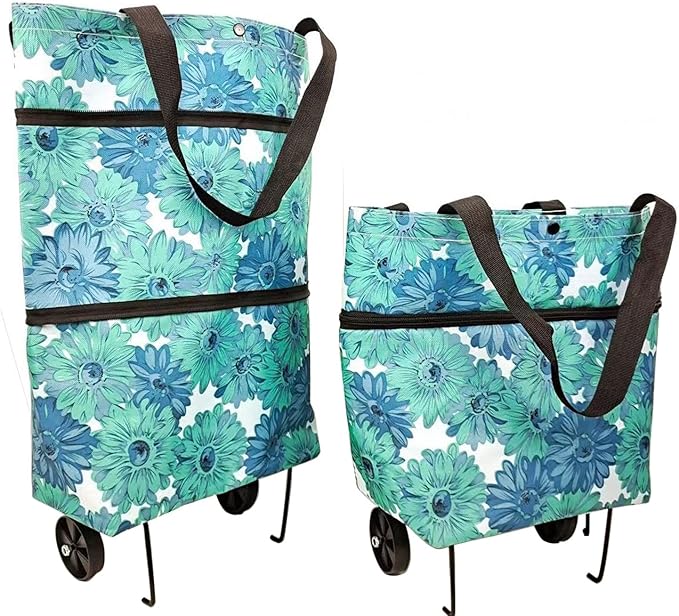 Collapsible Shopping Grocery Bag With Wheels Rolling Tote Bag With Wheels Large Reusable Foldable Shopping Cart(Blue-Flower,Large)