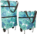 Collapsible Shopping Grocery Bag With Wheels Rolling Tote Bag With Wheels Large Reusable Foldable Shopping Cart(Blue-Flower,Large)