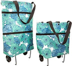 Collapsible Shopping Grocery Bag With Wheels Rolling Tote Bag With Wheels Large Reusable Foldable Shopping Cart(Blue-Flower,Large)
