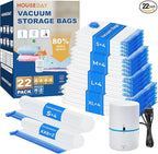HOUSE DAY 22 Pack Vacuum Seal Bags For Clothing Travel, 80% Space Saving Travel Vacuum Bags with Electric Pump, Vacuum Storag