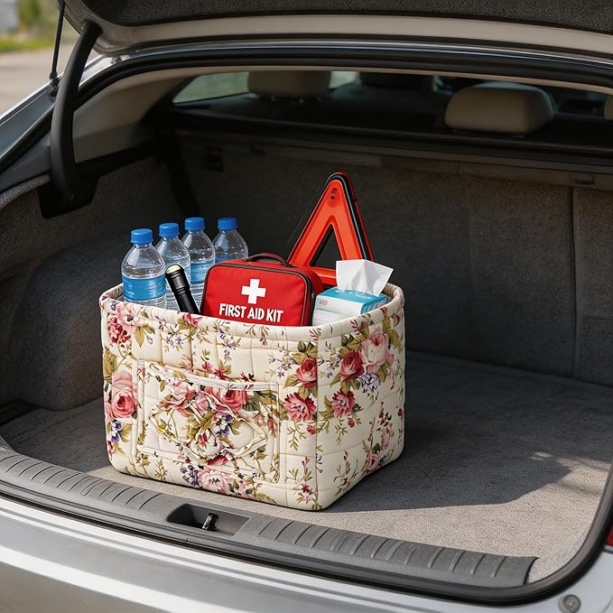 Quilted Laundry Basket with Handles - Multi-Purpose Fabric Storage Basket，Boho Fabric Storage Baskets with Handles for Car, H
