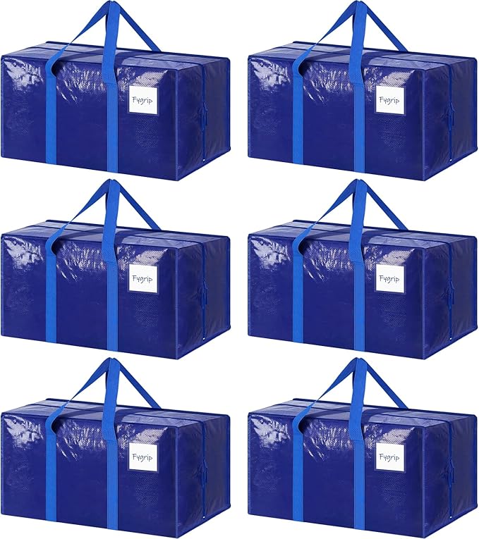 6 Pack Extra Heavy Duty Large Moving Bags with Strong Zipper & Comfortable Handles, Sturdy & Durable Clothes Storage Bags Tot