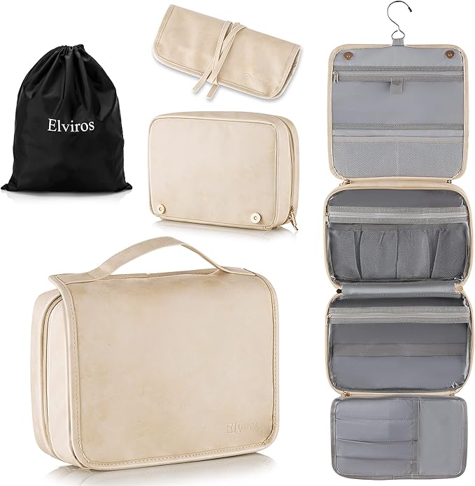 Elviros Hanging Travel Toiletry Bag for Women, 3-in-1 Large Makeup Bag and Cosmetic Organizer, Vegan Leather Waterproof Skinc